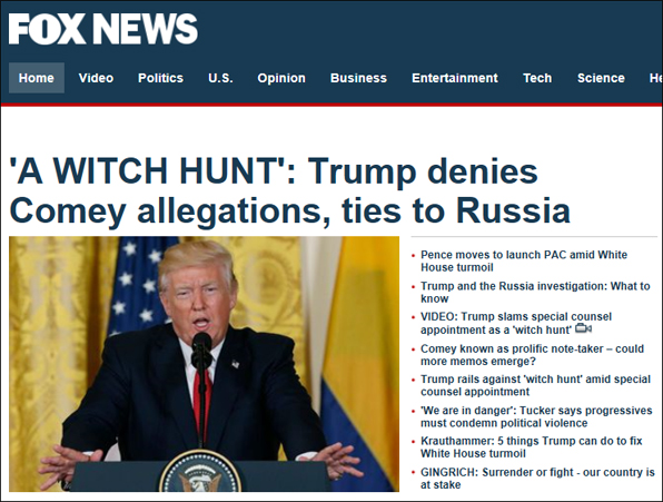 ‘마녀사냥’ : 트럼프는 코미 혐의와 러시아 관련을 부인한다.