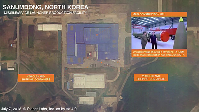 지난달 7일 미국 정찰 위성이 촬영한 북한 평양 외곽 산음동의 미사일 연구단지 모습(워싱턴포스트)