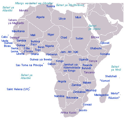 스와힐리어로 국가명이 표기된 아프리카 지도