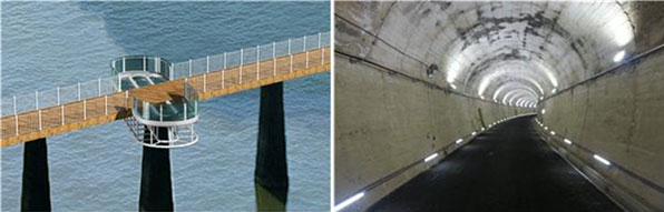 각각 폐교각과 폐터널을 활용해 만든 향가목교(왼쪽)와 향가터널 자전거길