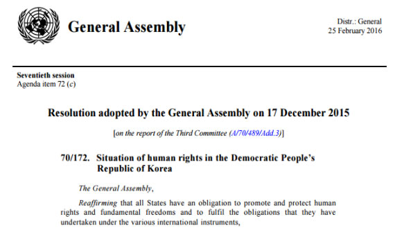 2015년 유엔 총회에서 채택된 유엔 북한인권결의안 