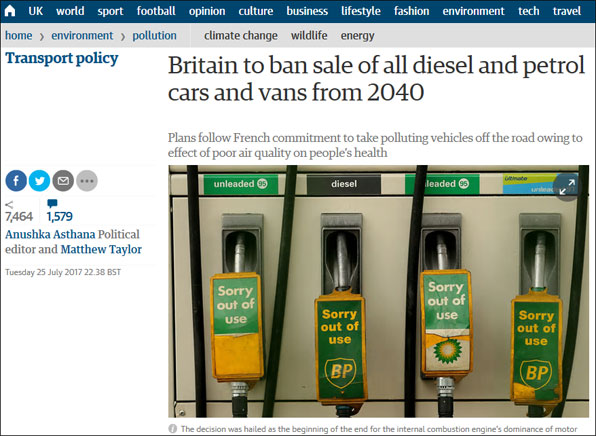 영국이 2040년부터 모든 디젤과 휘발유 차량 판매를 금지한다는 가디언 보도.