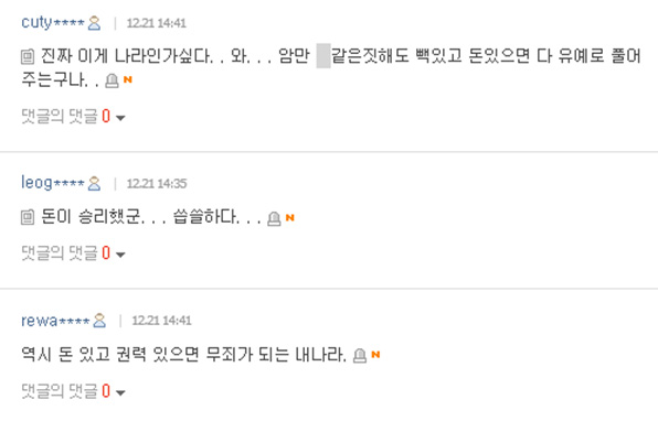 조현아 대법 판결 기사에 달린 누리꾼들의 댓글 캡처