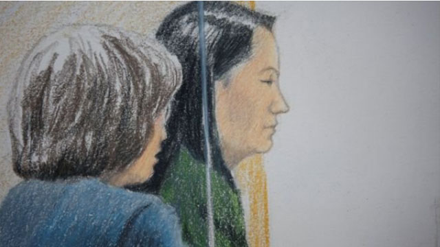 캐나다 밴쿠버 법원에 나온 멍완저우 화웨이 재무책임자 이미지(출처:Reuters) 