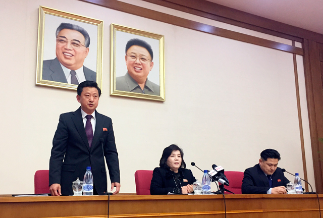 최선희 북한 외무성 부상이 3월 15일 평양에서 기자회견을 하고 있다.