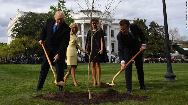 트럼프 대통령과 마크롱 대통령이 백악관 뜰에 ‘승리의 묘목’을 심고 있다. (2018년 4월)