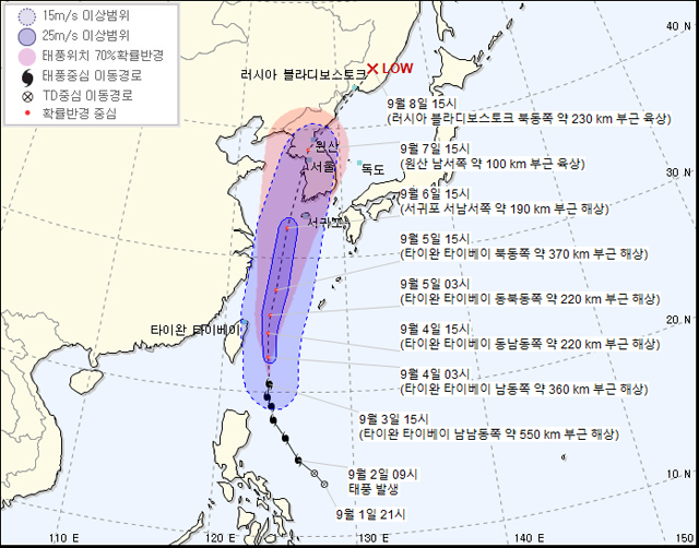 한국 기상청의 13호 태풍 ‘링링’ 예상 진로 (3일 16시 발표)