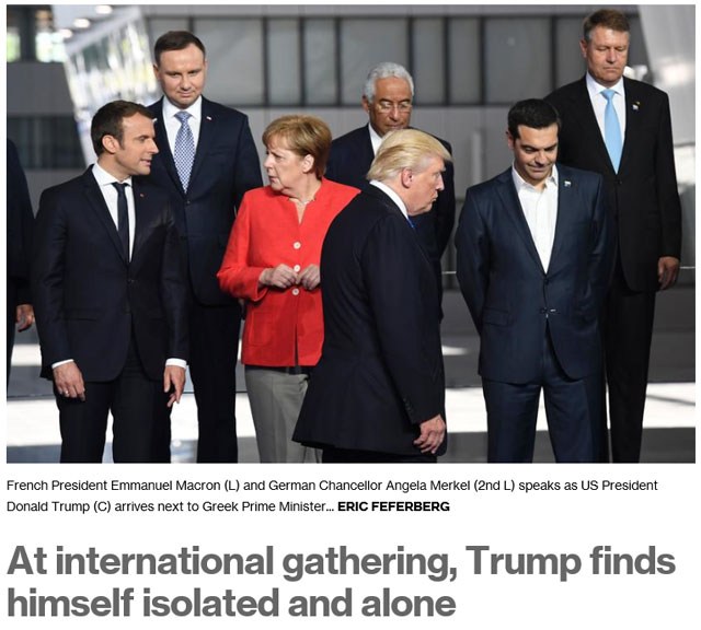 ‘국제회의에서 트럼프 자신이 고립됐고 외톨이라는 사실을 알게 됐다’는 제목의 MSNBC 보도 인터넷 기사 캡처