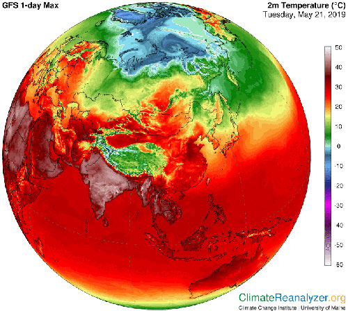  5월 21일 기준으로 아프리카나 인도 등지에서는 50도 안팎의 기온이 관측되고 있다.