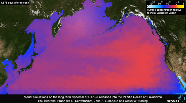 2012년 독일 킬 해양과학연구소가 공개한 일본 원전 오염수(세슘-137) 확산 시뮬레이션 결과