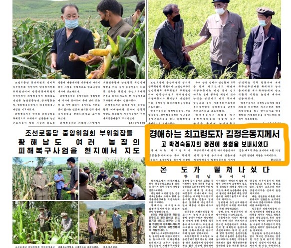 9월 1일자 노동신문 1면에 실린 김정은 위원장의 동정 기사. 당 간부들의 현장 지도 기사보다 아래쪽에 비교적 작은 비중으로 실려 있다.