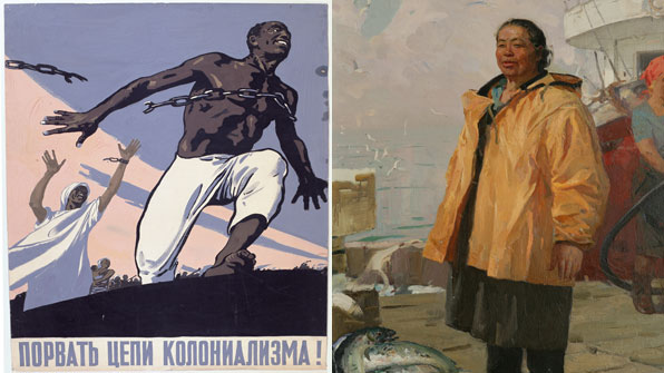 ‘식민주의의 족쇄를 끊어버려라’(왼쪽)와 ‘사회주의 노동영웅 어부 A. S. 한슈라의 초상’(오른쪽)