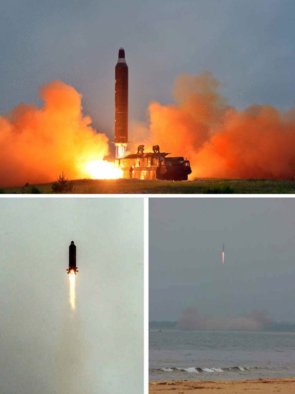 북한 노동신문이 오늘(23일) 공개한 ‘중장거리 전략탄도로케트 화성-10’(무수단 미사일)의 시험발사 사진. 