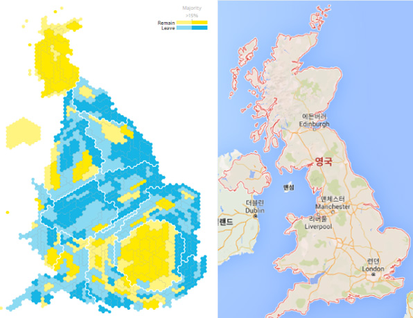 지도 출처: 가디언(노란색이 짙을수록 잔류 비율이 높고, 파란색이 짙을수록 탈퇴 비율이 높음)