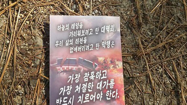 피격당하고 있는 청와대와 국회 건물을 배경으로 한 화면 위에 박근혜 대통령을 비방하는 내용의 글이 적혀있다.