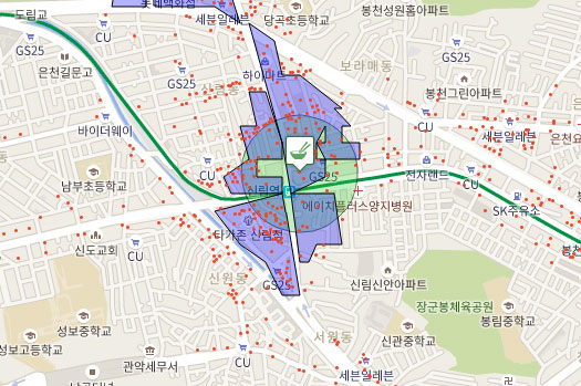 KBS데이터저널리즘팀의 ‘대기업 한식 뷔페 주변 음식점 지도’. 신림역 인근 한식당이 표시돼 있다.