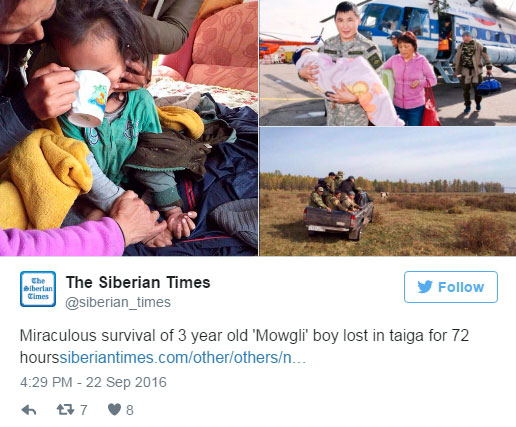체린의 구조 소식을 전하는 시베리안 타임스 트위터 캡처