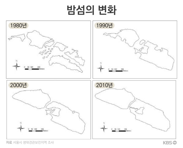 밤섬의 변화. 출처: 2013 서울시 생태경관보전지역 연구