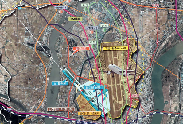 김해공항 기존 활주로와 김해신공항 건설에 따른 신활주로. 김해신공항의 새로운 활주로는 주거지역인 김해시내 방향으로 3.8km 길이로 계획돼 있다.