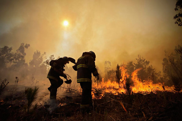 칠레 소방대원들이 산불을 진화하고 있다. 칠레 소방대원은 모두 민간인 자원봉사자로 운영되고 있다.
