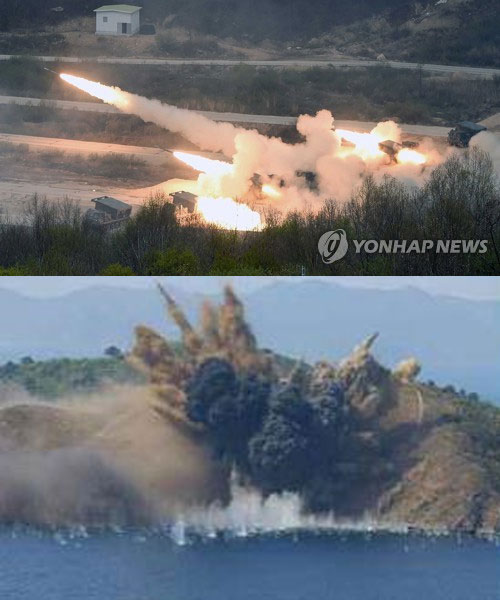 한미 합동 ‘2017 통합화력격멸훈련’(위), 북한의 ‘군종합동타격시위’(아래)
