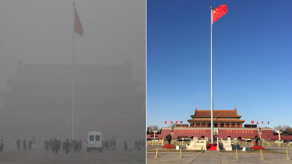 스모그가 심했던 지난해 천안문 앞 하늘(좌) 오늘 베이징 천안문 앞 하늘(우)