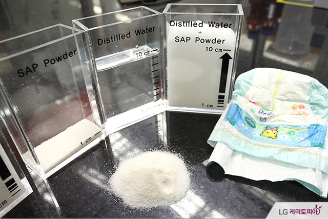 가루 형태의 고흡수성 폴리머（SAP）, 물을 만나면 부풀어 오른다（출처 : LG화학）