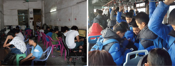 미성년자 출입 제한 조치에도 불구하고 중국 피씨방엔 많은 청소년들이 드나든다.(좌)/베이징의 한 버스안에서 축구부 학생들이 휴대전화 게임에 몰두하고 있다.(우)