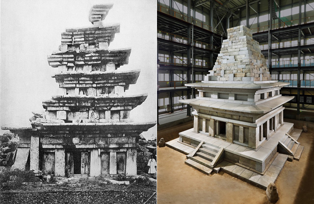 (좌)1910년 ‘조선고적도보’에 실린 미륵사지 석탑,(우)2018년 보수 작업이 마무리된 미륵사지 석탑의 서남 측면