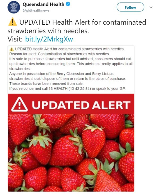 퀸즐랜드 보건당국이 트위터를 통해 소비자들에게 딸기를 먹기 전 잘라야 한다고 주의를 당부했다.
