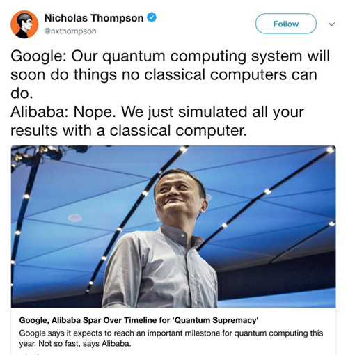 알리바바는 최근 구글이 개발했다는 양자칩을 검증한 결과 오류가 많았다고 주장했다.