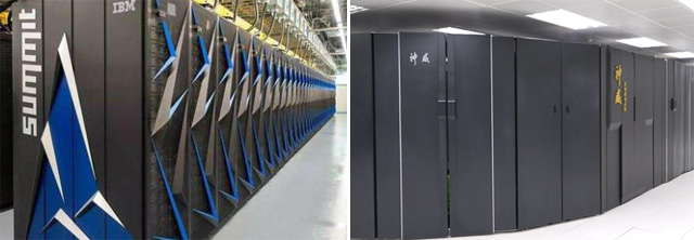 세계에서 가장 빠른 미국의 슈퍼컴퓨터(좌)/중국이 새로 개발한 엑사플롭스급 슈퍼컴퓨터(우)