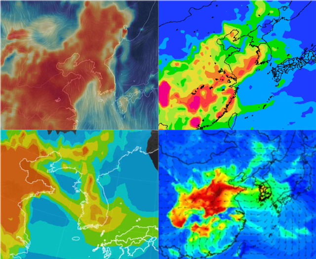 왼쪽 위부터 시계 방향 순으로 어스윈드맵, 일본 국립환경연구소(Sprintars), 안양대 기후에너지환경융합연구소, 일본 기상협회 제공 자료