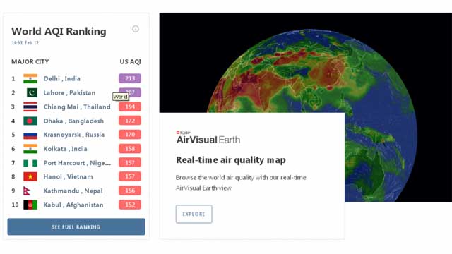 2월 12일 주요 도시의 실시간 대기질지수（AQI） Air Visual 홈페이지 캡처