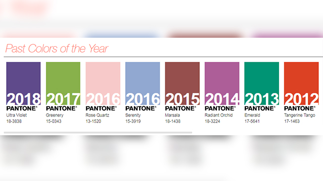 2012년부터 2018년까지 팬톤이 선정·발표한 ‘올해의 색’들