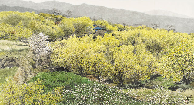 오용길 [봄의 기운-산동], 2019, 화선지에 먹과 채색, 94×170cm