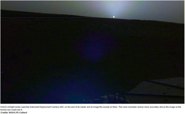 화성에서 지난달 25일, 착륙 145솔(sol)에 촬영된 지평선에 걸린 태양(해넘이)의 모습. 출처: 나사 홈페이지 캡처