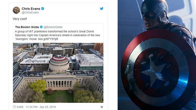  MIT 학생들의 장난에 대한 크리스 에번스의 트윗(좌)과 캡틴 아메리카(우)