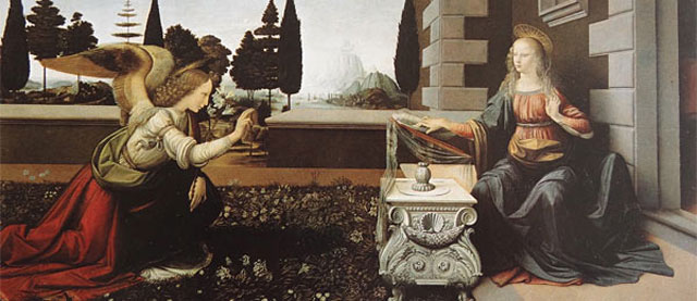 레오나르도 다빈치의 ‘수태고지’, 1470-75년경 이탈리아 피렌체 우피치 미술관 소장