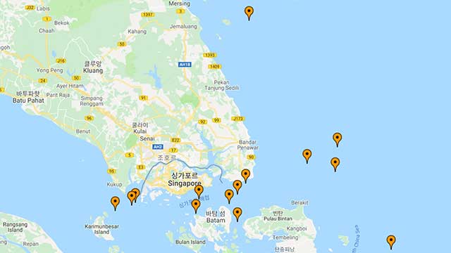 2018년 싱가포르 주변 해적사고 지도 캡처 （출처 : 국제해사국 해적신고센터）
