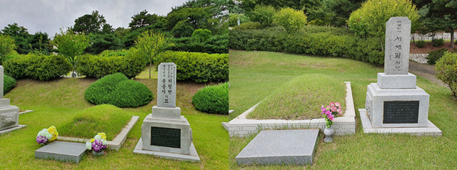 좌:한국 독립군 총사령관 지청천의 묘, 독립신문을 창간한 서재필의 묘
