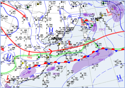 오늘(5일) 오전 9시 현재 일기도. 중국 남부부터 일본 남쪽 해상에 위치한 정체전선이 장마전선이다.