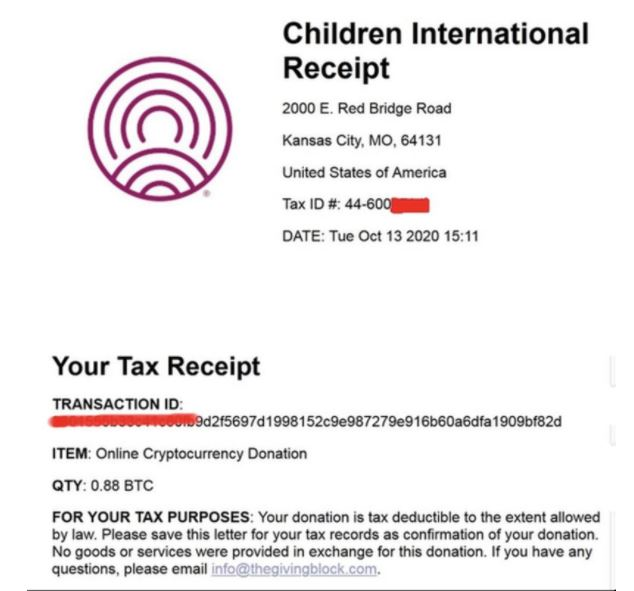 ‘Children International’에서 해킹 단체에 발행한 기부금 영수증