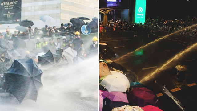 경찰의 물대포를 우산으로 막는 홍콩 민주화 시위대(좌)와 태국 반정부 시위대(우)