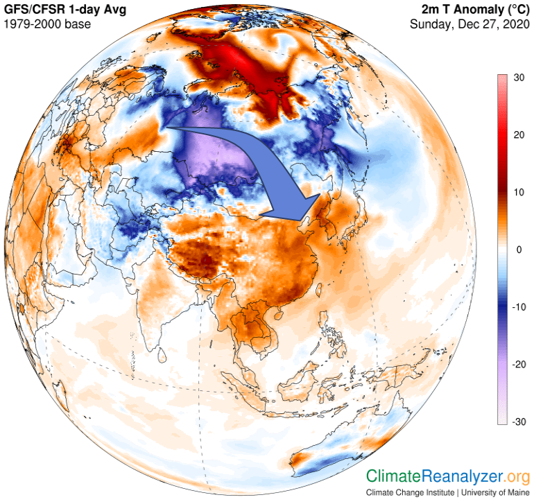 러시아 우랄산맥 부근에서 시계 방향(파란색 화살표)의 바람 흐름이 생겨 북극과 시베리아 지역의 찬 공기가 한반도를 향해 유입되는 모습(자료 : ClimateReanalyzer.org)