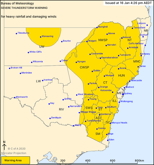 진한 노란색으로 표시된 지역에 강한 번개가 칠 것으로 예보됐다. (출처 : 호주 기상청)