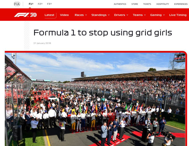 세계 최대 자동차 경주대회 포뮬러 원(F1)의 공식 웹사이트. 2018년 ‘그리드 걸’을 없애겠다고 공식 선언했다. [사진 출처 : F1 공식 웹사이트]