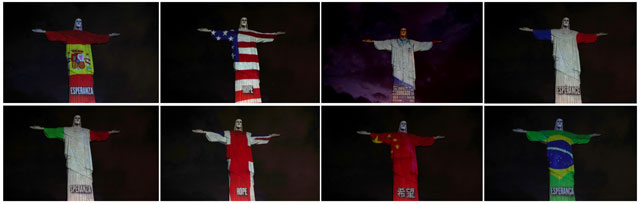 여러 나라의 국기가 투영된 예수상