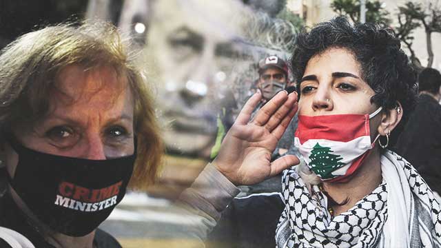  (왼쪽)‘범죄자 총리’라고 적힌 이스라엘 시위대 마스크, (오른쪽)레바논 국기가 그려진 레바논 시위대 마스크