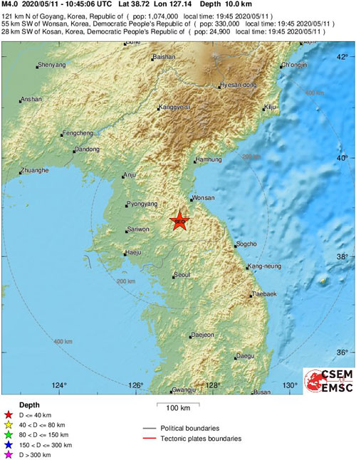 유럽지중해지진센터(EMSC)에서 관측한 어제(12일) 북한 평강 지진 정보